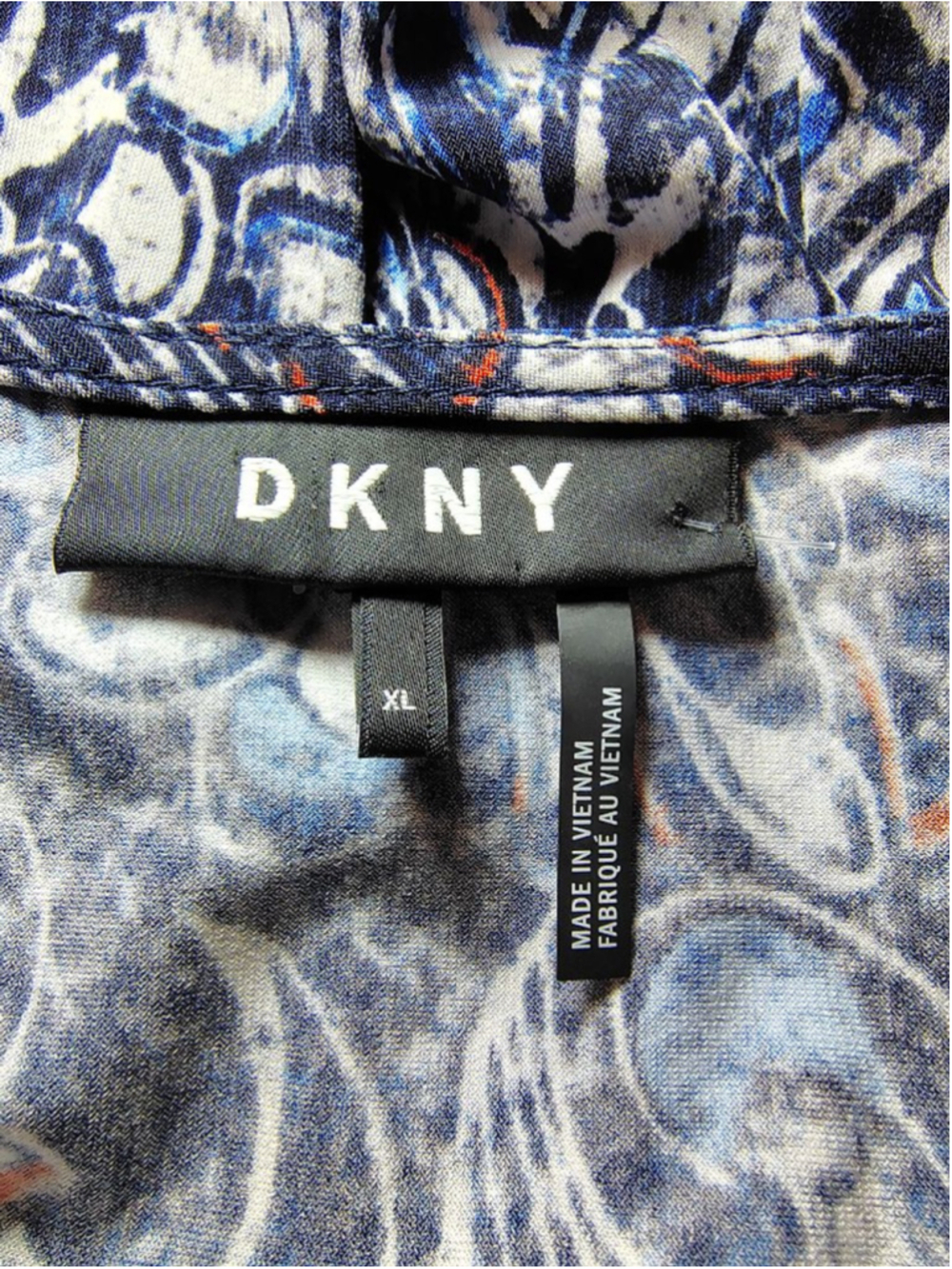 DKNY Blue Abstract Print Ruched Side Tie Dress XL Stretch Midi - Picture 5 of 8